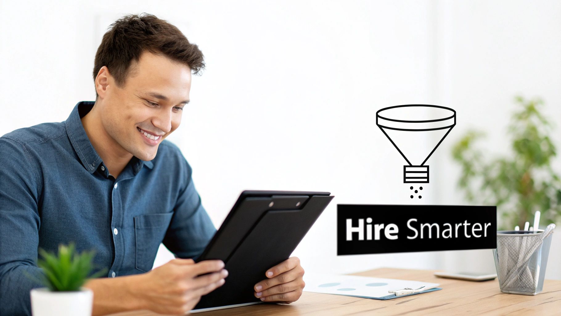 Smiling man looking at a clipboard, with 'Hire Smarter' text and a funnel icon.