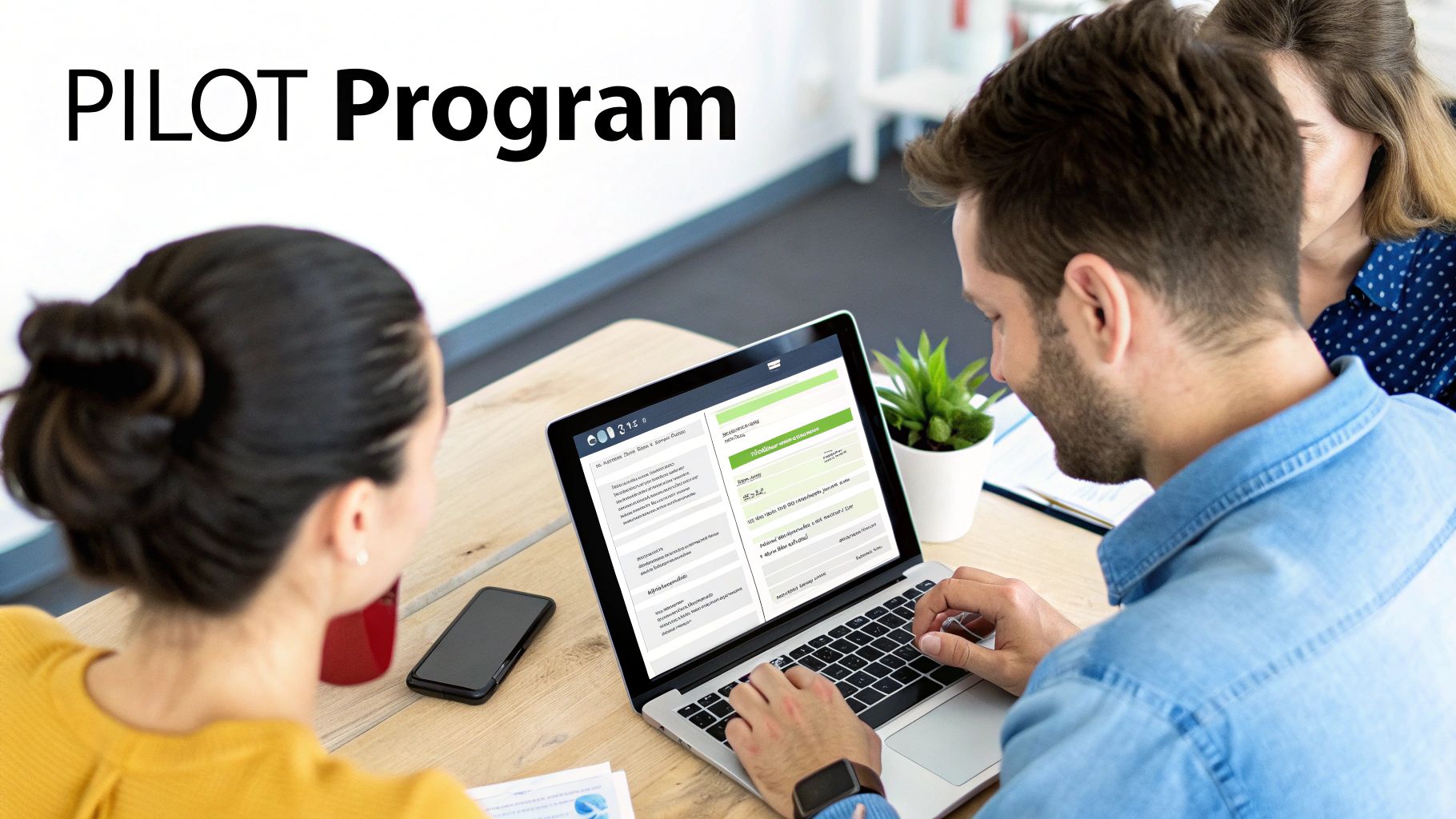 Three professionals collaborate, with a man typing on a laptop displaying a program, under the text 'PILOT Program'.