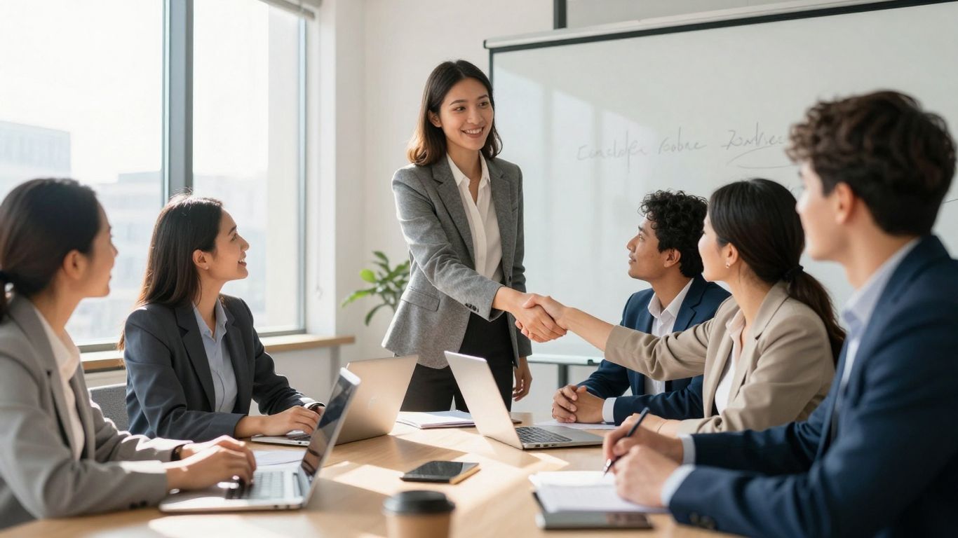 Freelancer shaking hands with business leaders