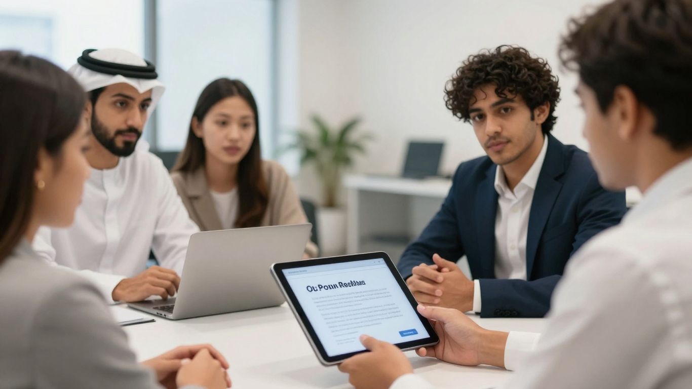 People discussing recruitment messages on a tablet.