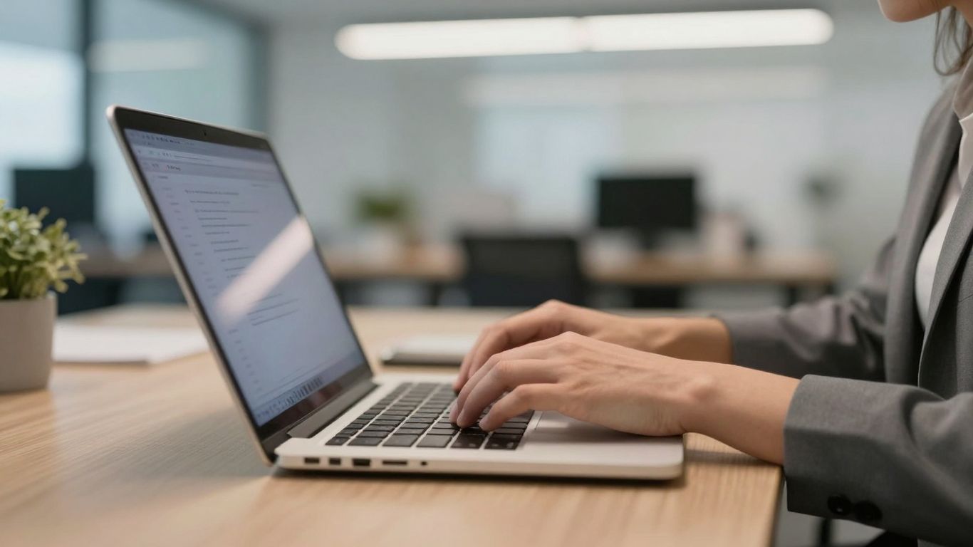 Person typing on a laptop in an office.