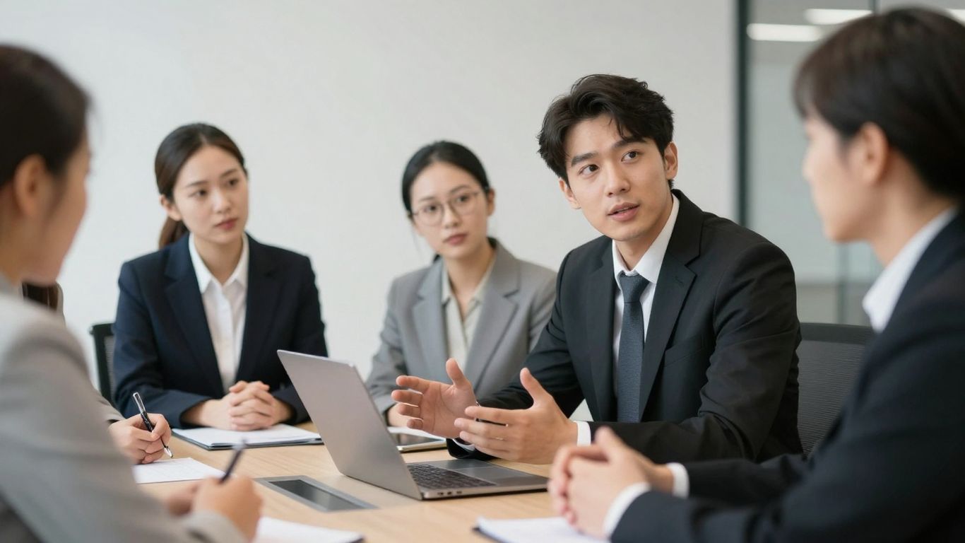 Diverse professionals in a meeting discussing DEI.