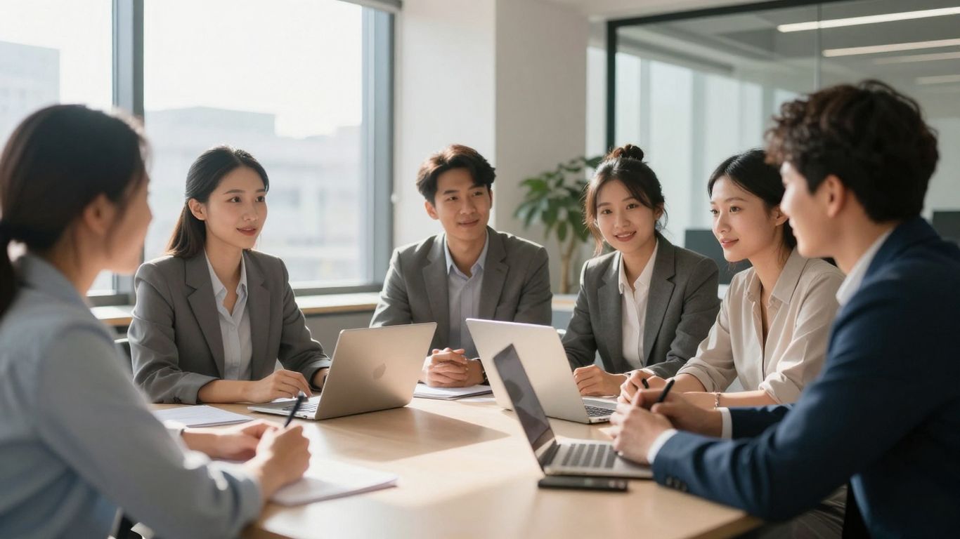 Diverse professionals collaborating in a bright, modern office.