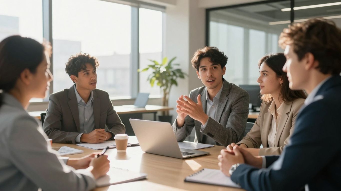 Diverse team in a meeting discussing inclusive leadership.