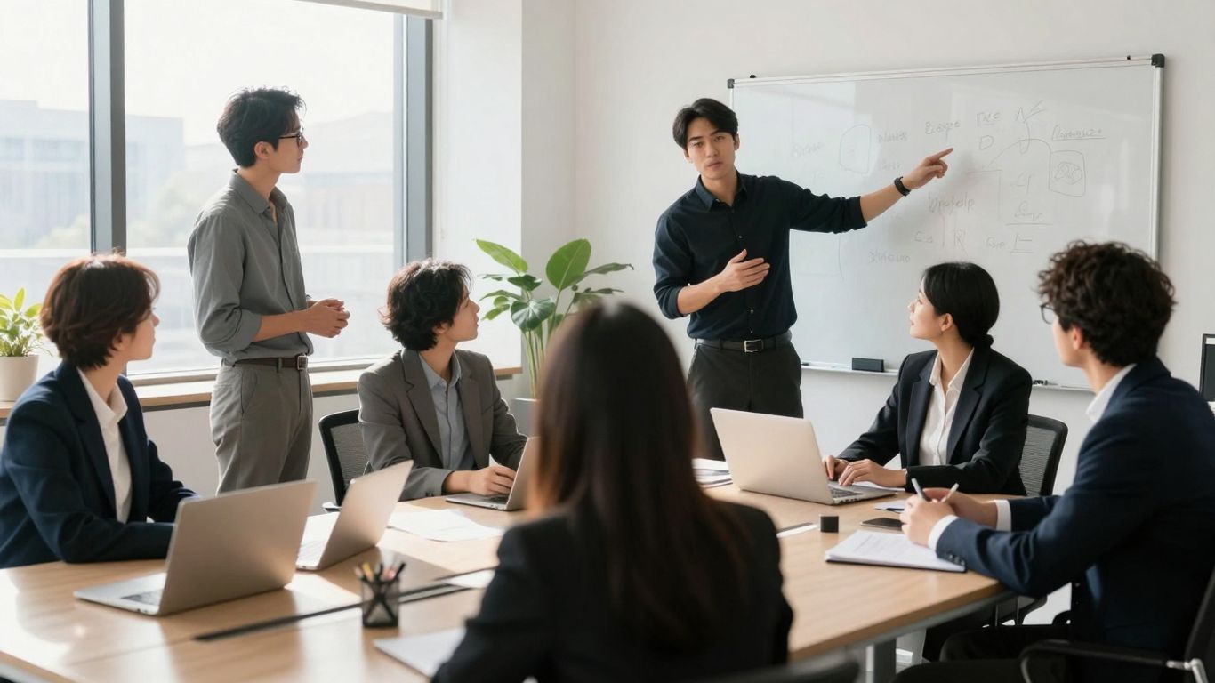 Professionals collaborating in a modern office.