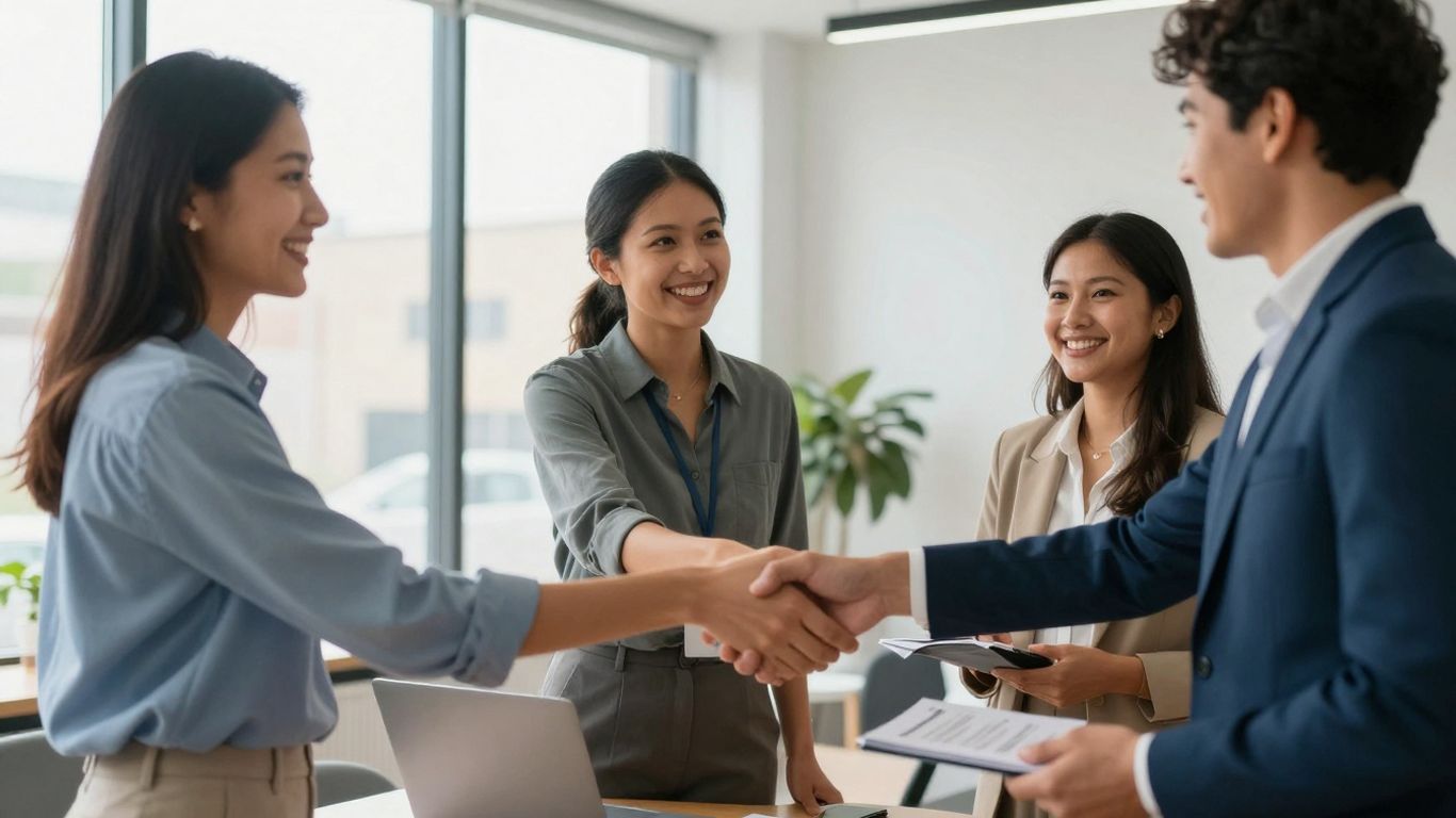 New employee being welcomed by team in office.