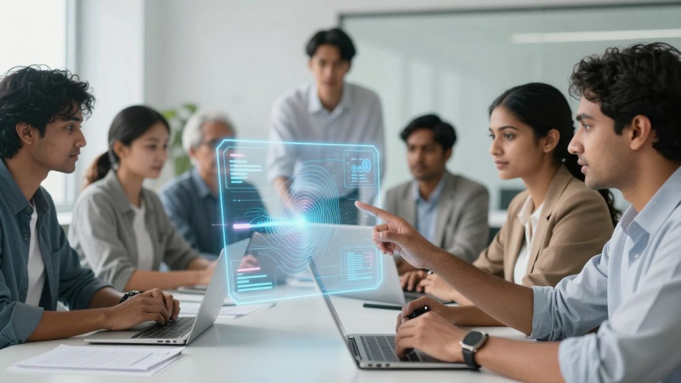 Professionals using advanced technology in a modern recruitment setting.