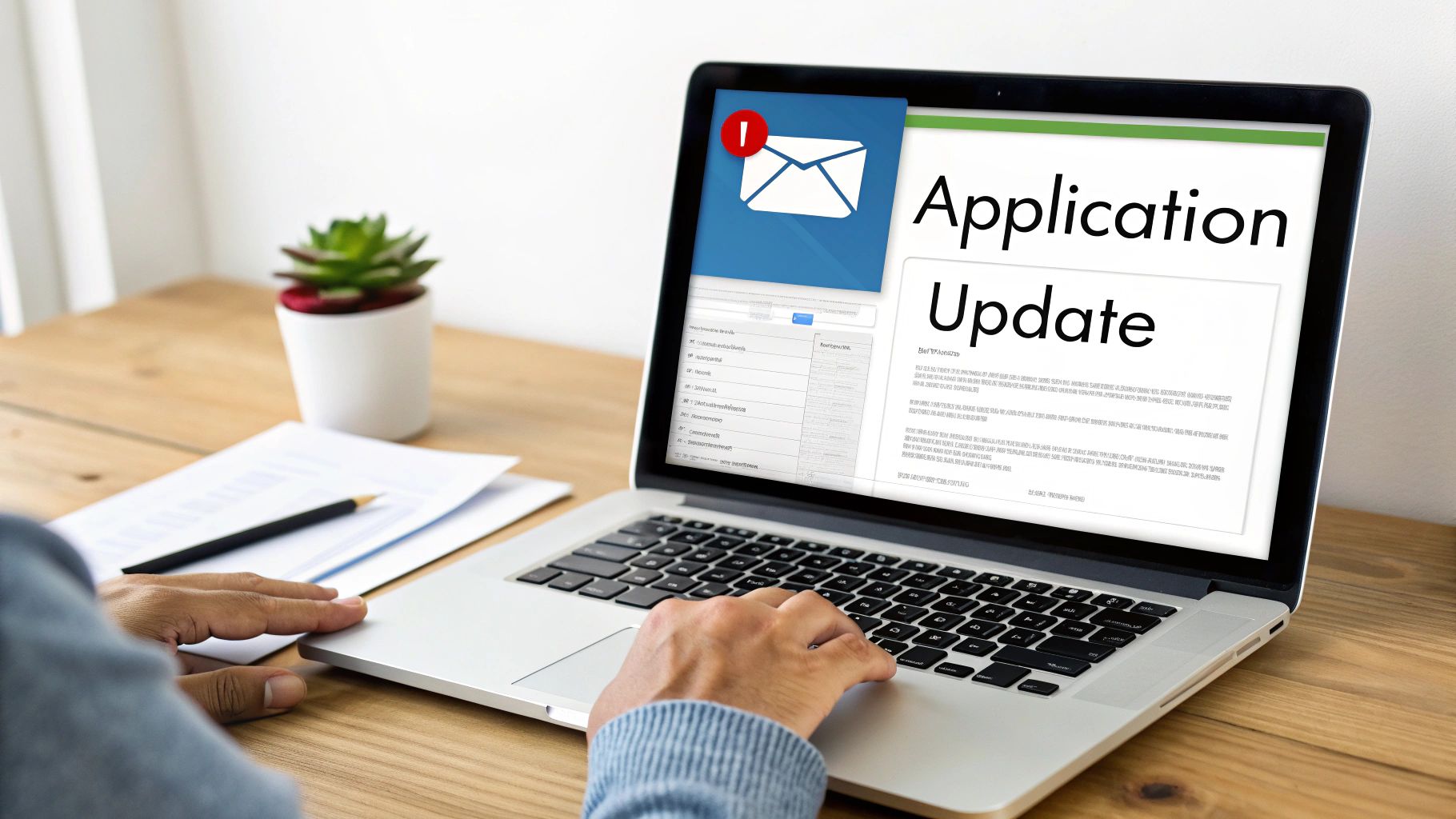 A person views an 'Application Update' email on a laptop, with documents and a plant on a desk.