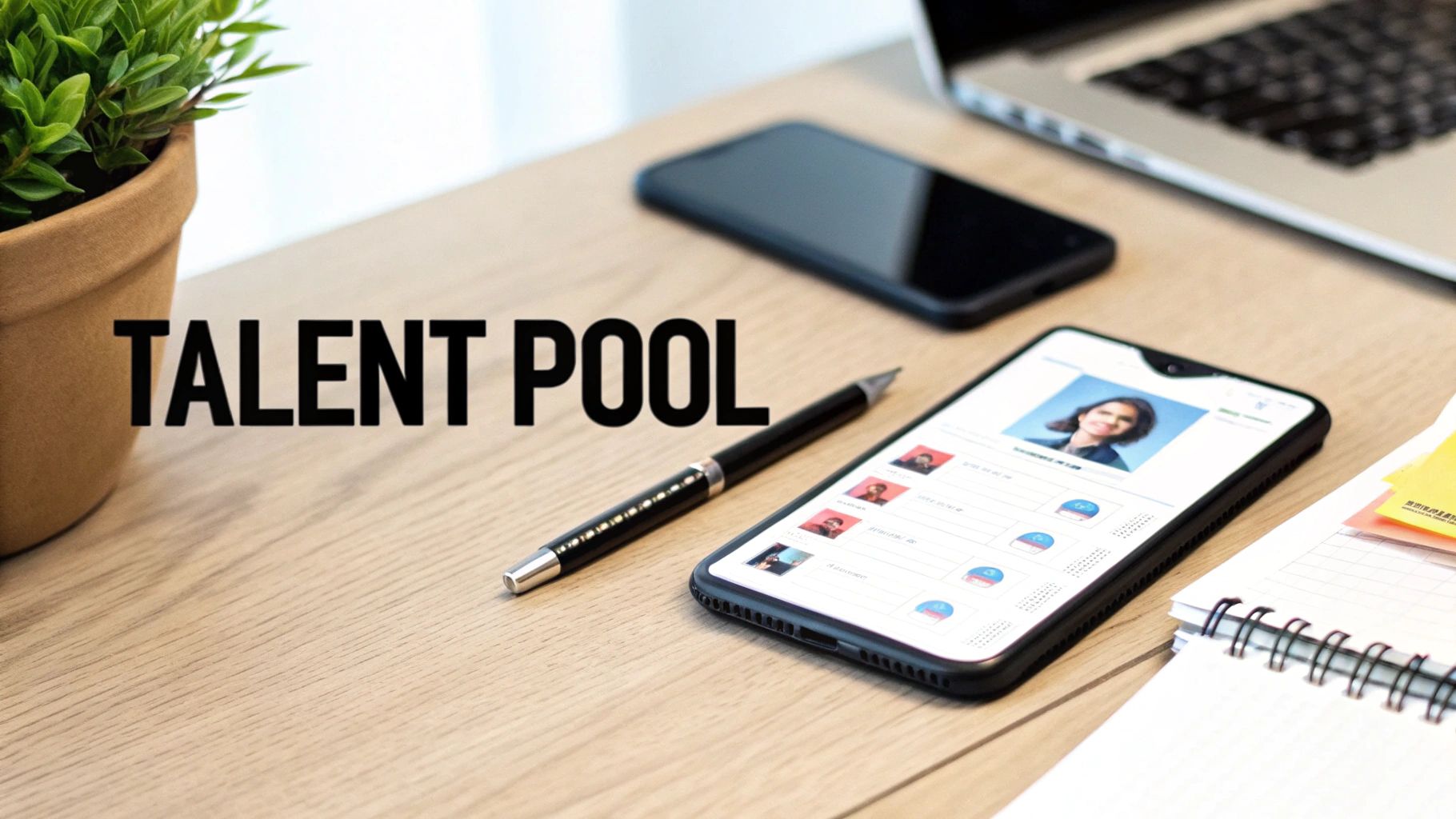 Desk with 'TALENT POOL' text, showing a phone with candidate profiles, pen, and laptop.