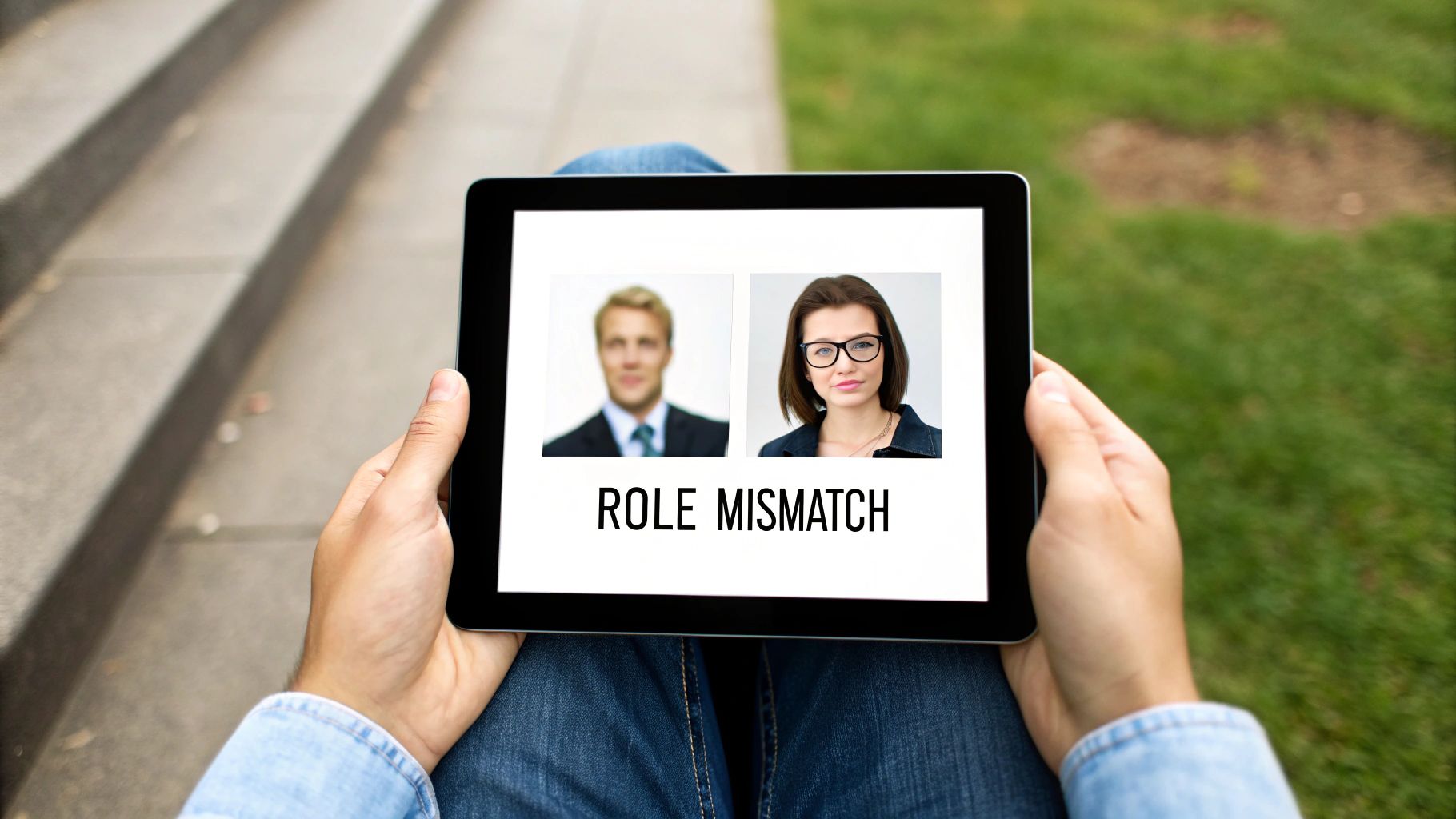 A person holds a tablet displaying two profile pictures and the text 'ROLE MISMATCH' on a white screen.