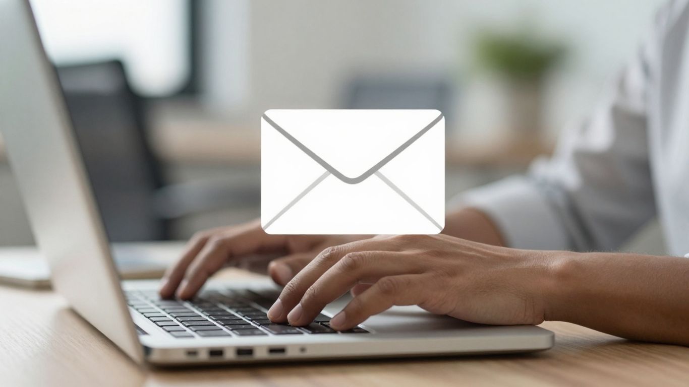 Hands typing on a laptop keyboard composing an email.