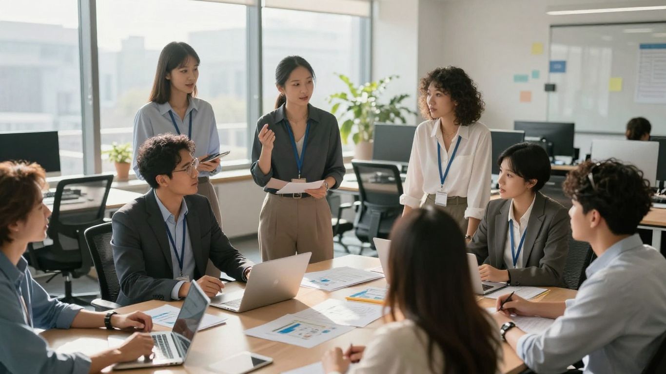 Diverse professionals collaborating in a bright, modern office.