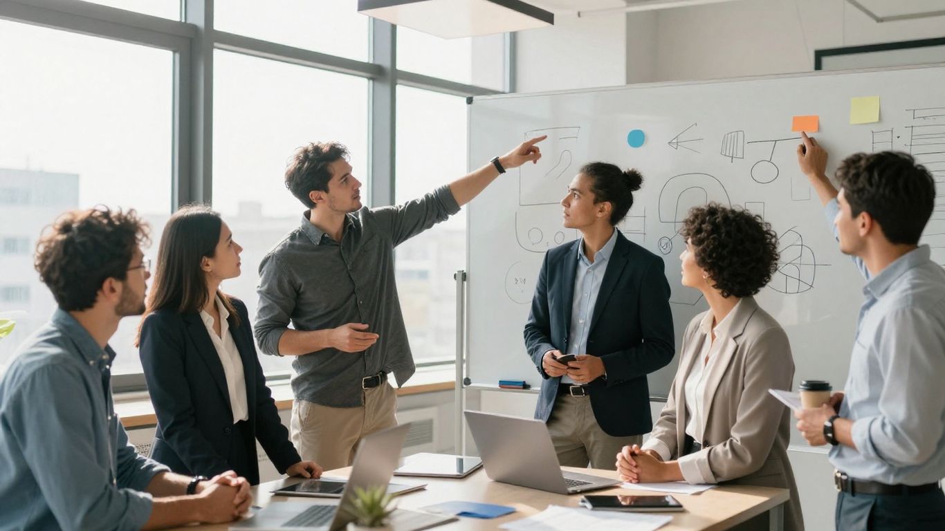 Team planning future leadership roles in a bright office.