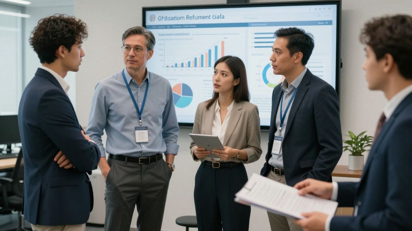 Professionals discussing market intelligence in a modern office.