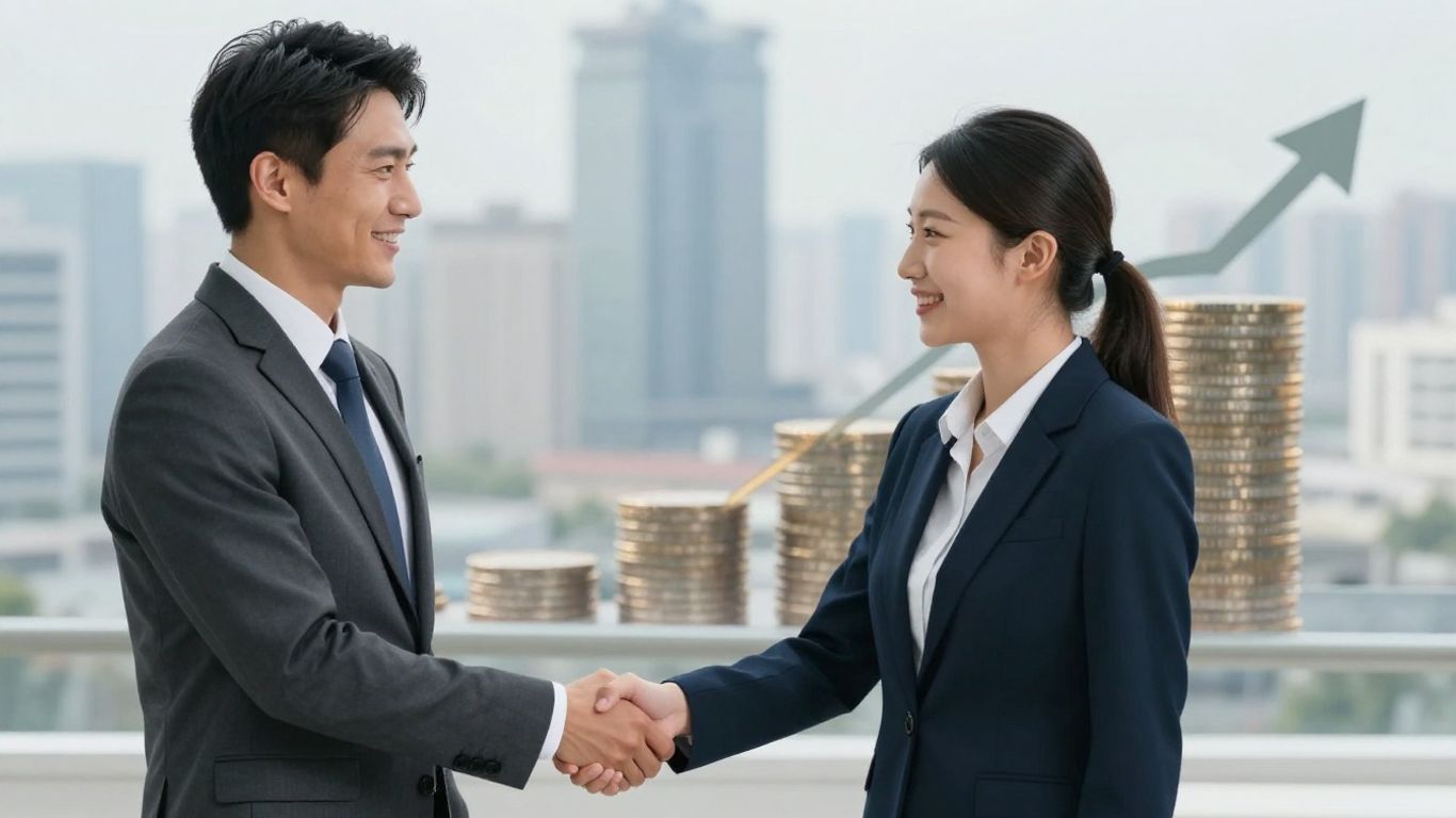 Recruiter and candidate handshake with financial growth symbols.
