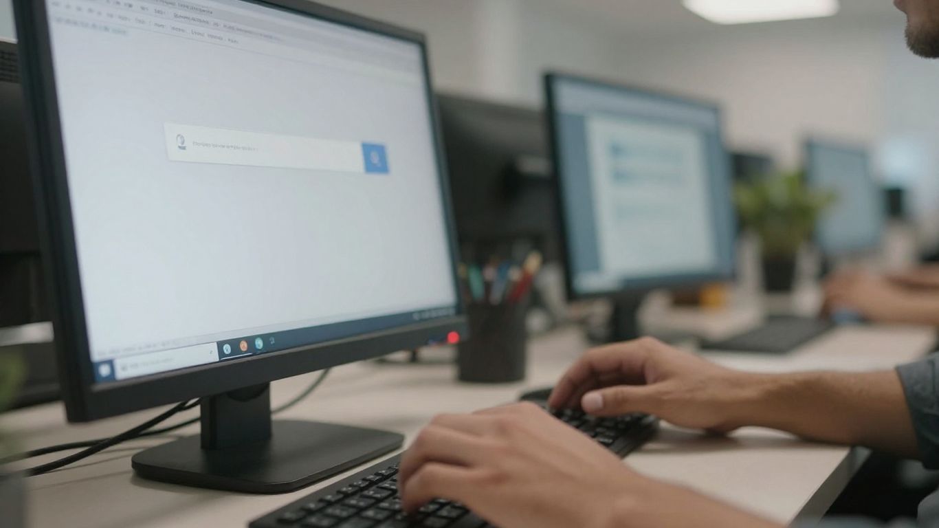 Person searching on computer with hands on keyboard
