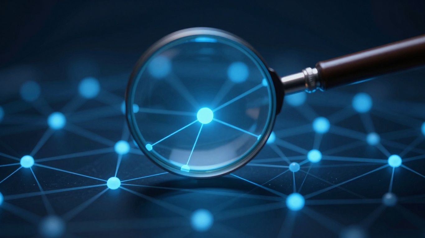 Magnifying glass over glowing digital information network.