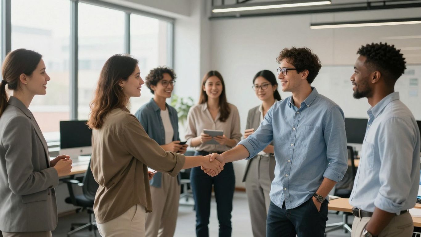 Professionals engaging in positive interactions and collaboration.