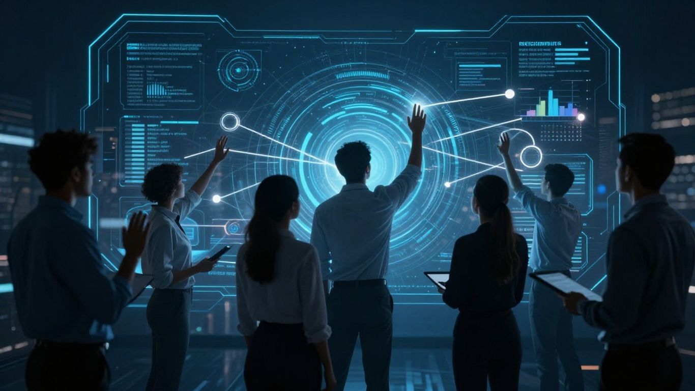 Professionals interacting with futuristic technology for talent engagement.