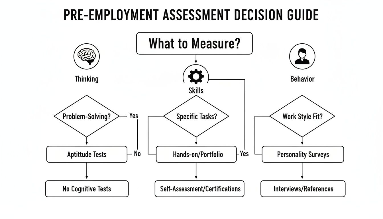 A flowchart detailing a pre-employment assessment decision guide for measuring thinking, skills, and behavior.