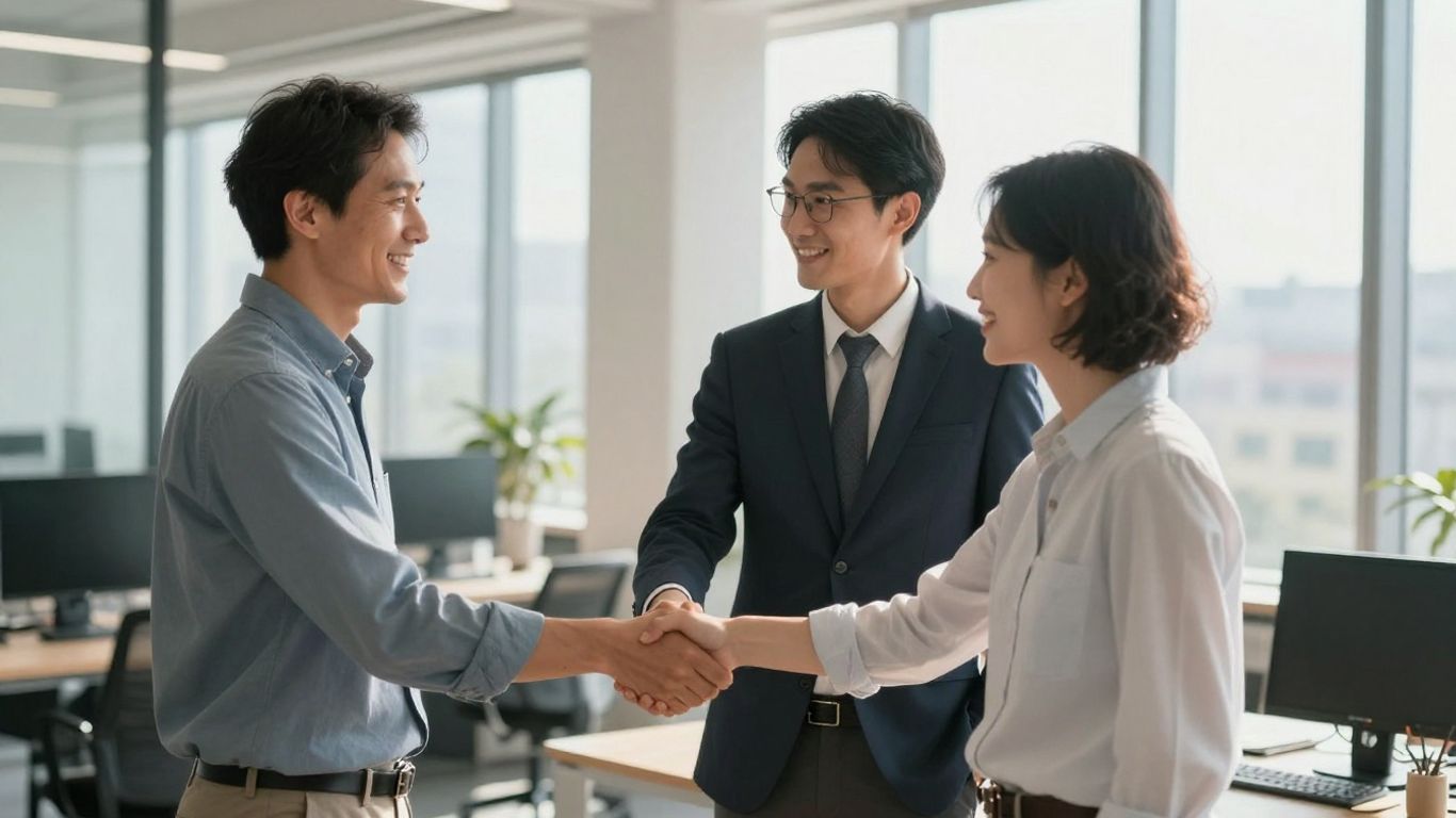 IT recruiter shaking hands with candidate in office.