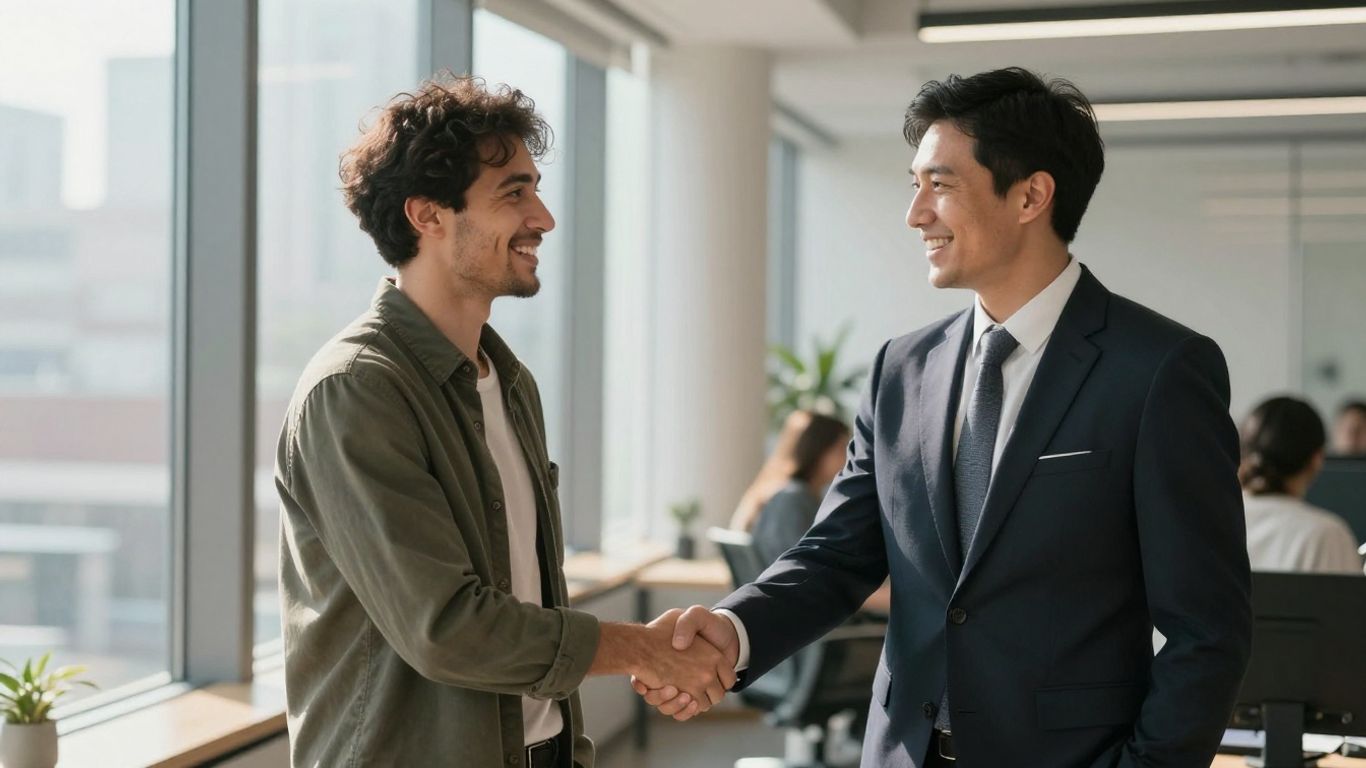 IT recruiter and candidate shaking hands in office.