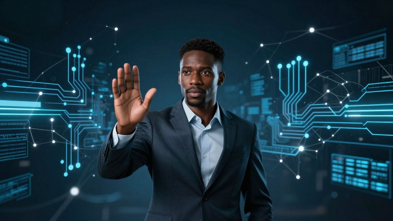 IT recruiter in a digital world with circuits and networks.