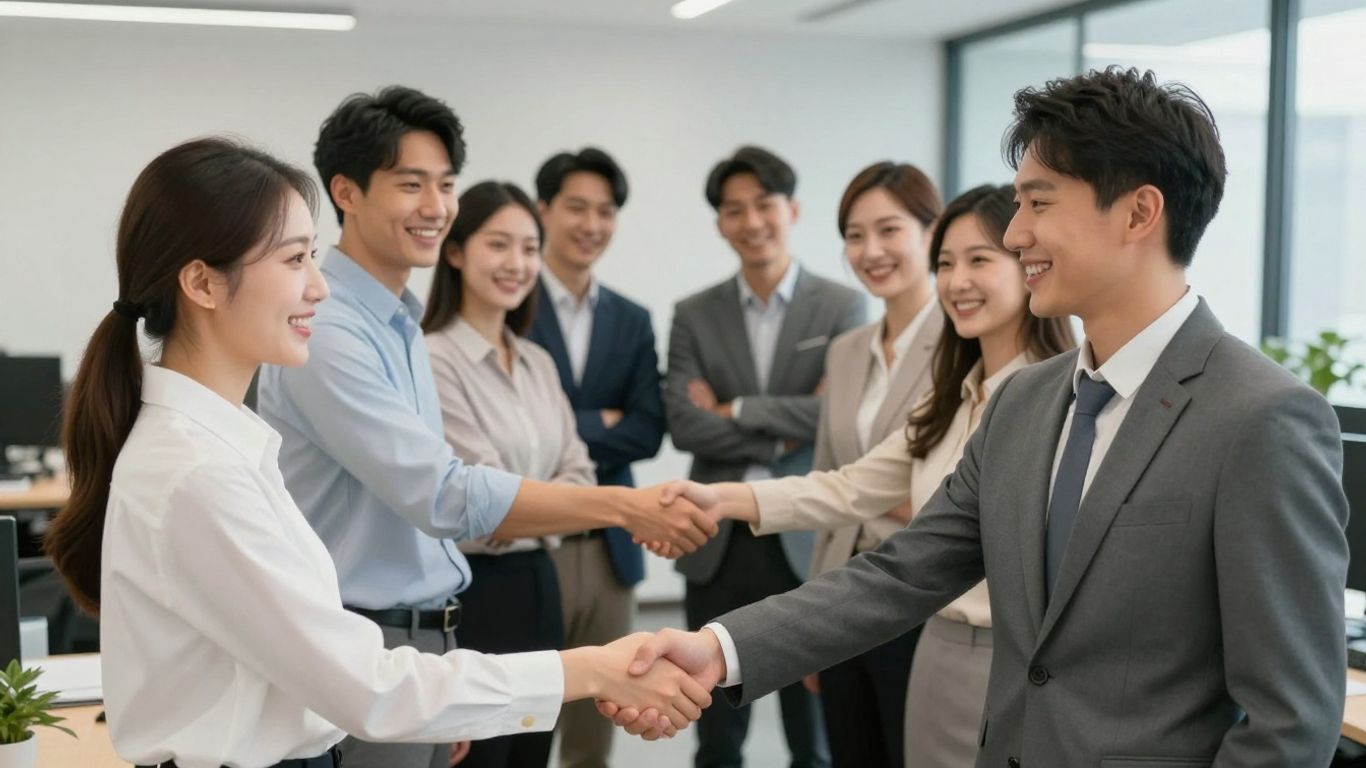 Professionals shaking hands, building candidate relationships.