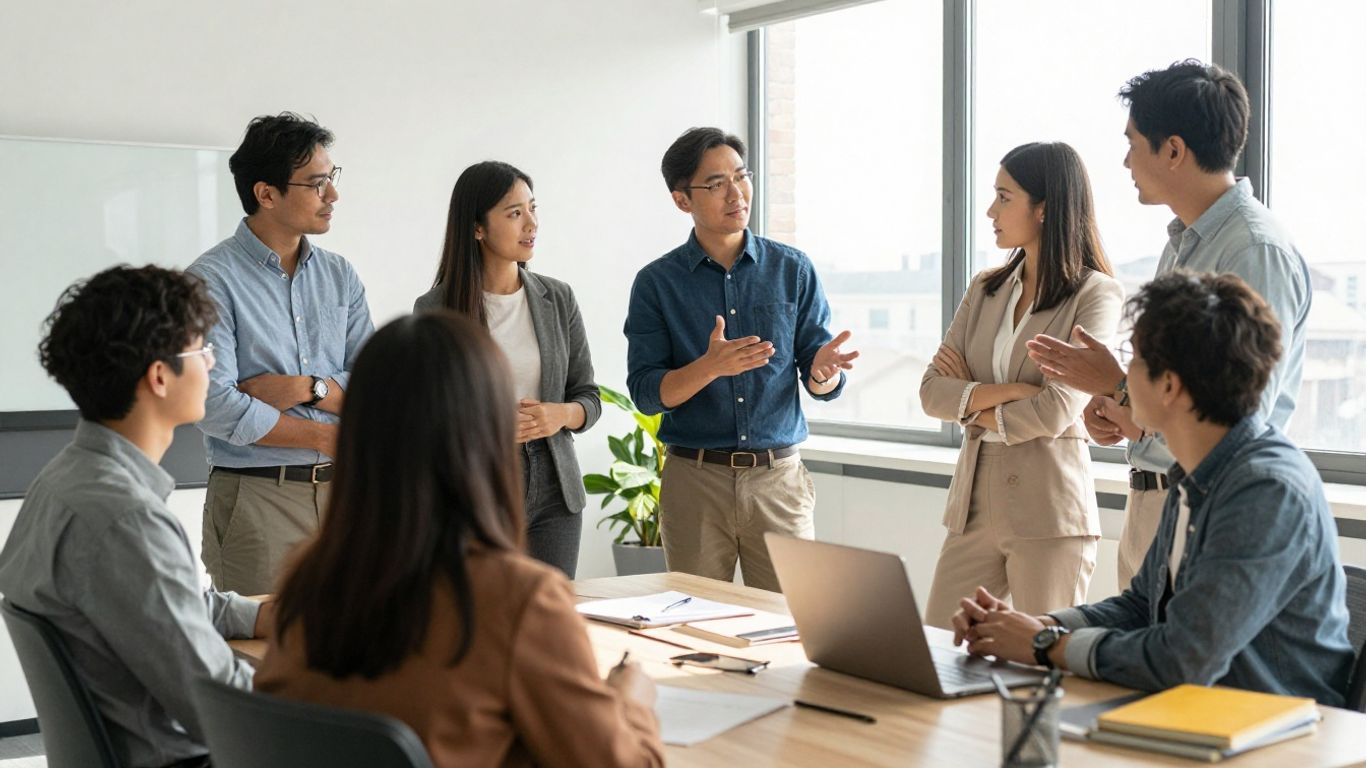 Professionals collaborating in a bright, modern office environment.