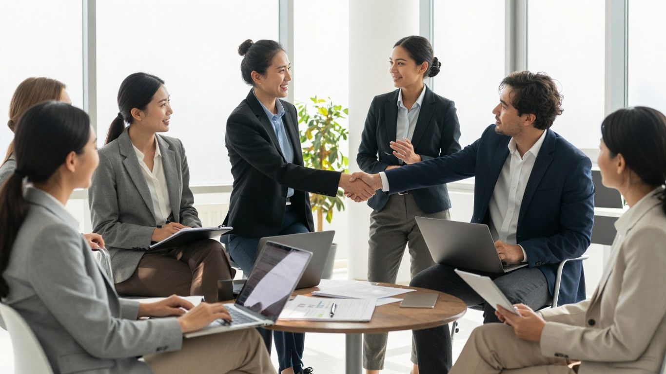 Professionals collaborating and shaking hands in a bright office.