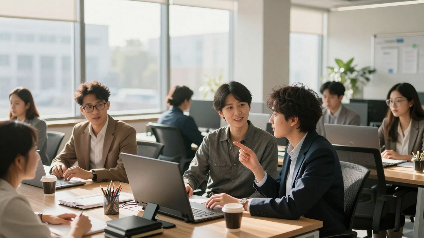Diverse professionals collaborating in a bright, modern office.