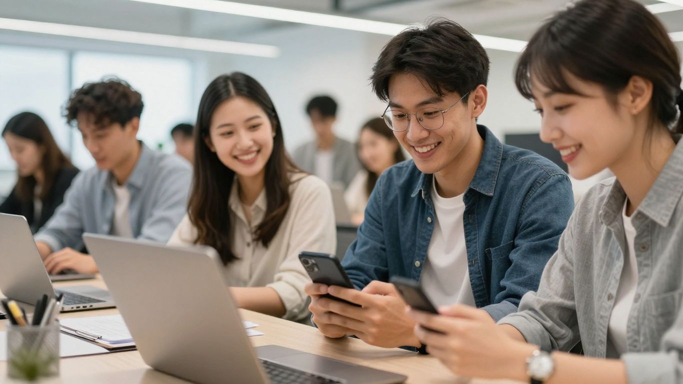 Young professionals in an office, checking smartphone happily.