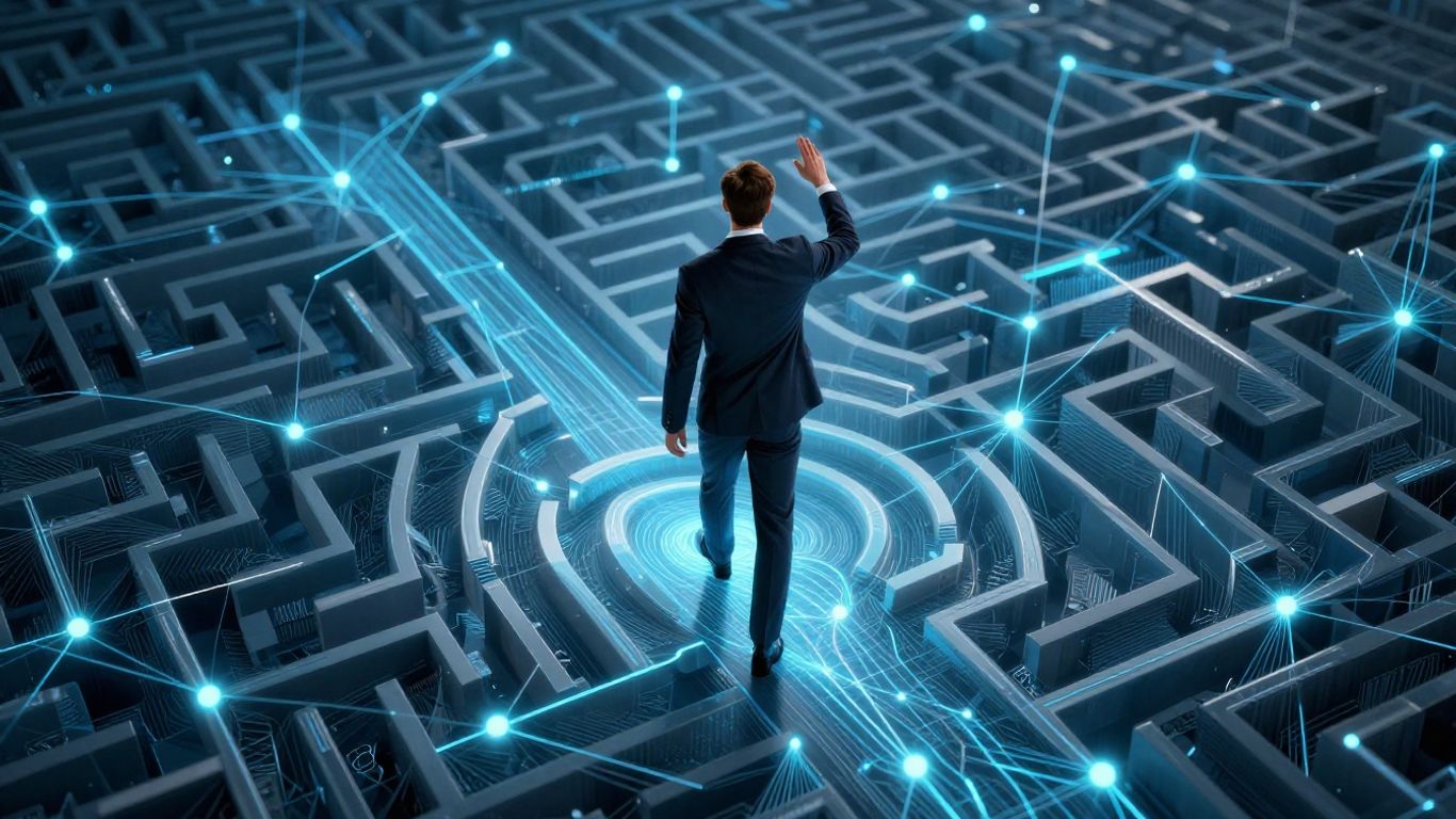 Person navigating a digital maze for career advancement.