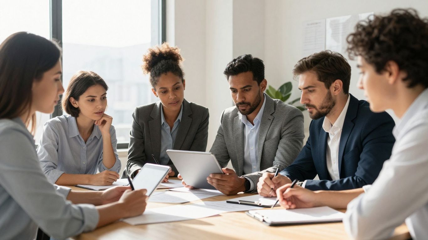 Diverse team collaborating, skills highlighted on tablet.