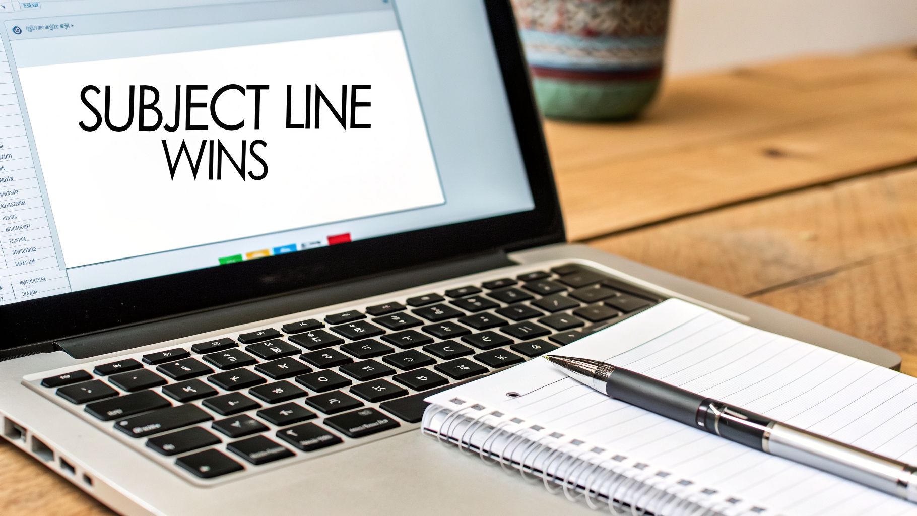 A laptop screen displays 'SUBJECT LINE WINS' with a notebook and pen on a wooden desk.