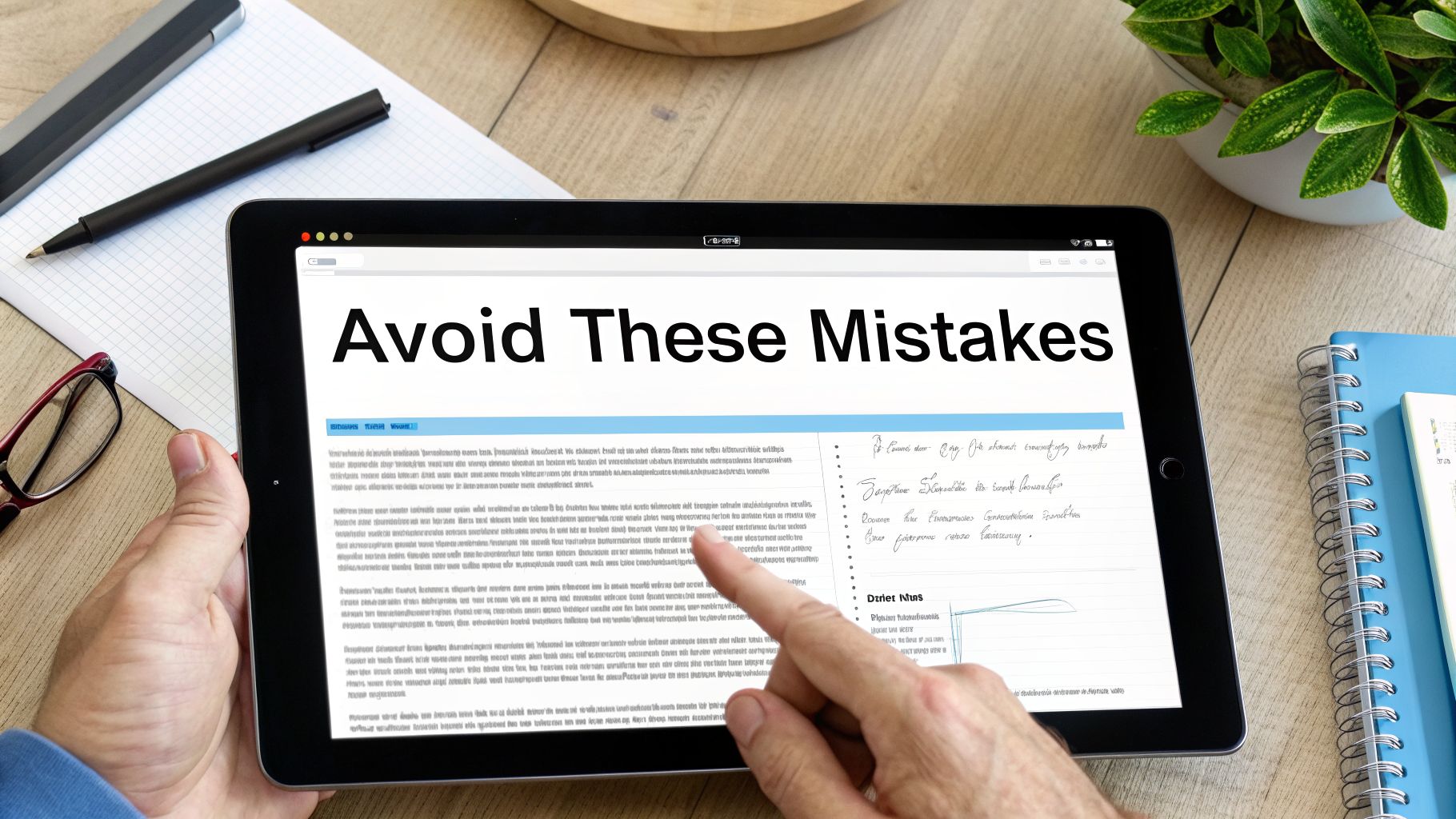 Close-up of hands holding a tablet displaying 'Avoid These Mistakes' on a wooden desk.