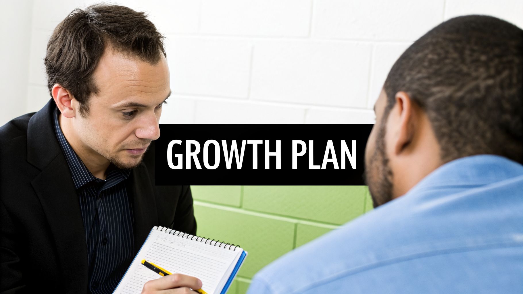 Two men discussing a "GROWTH PLAN", one taking notes during a focused meeting.
