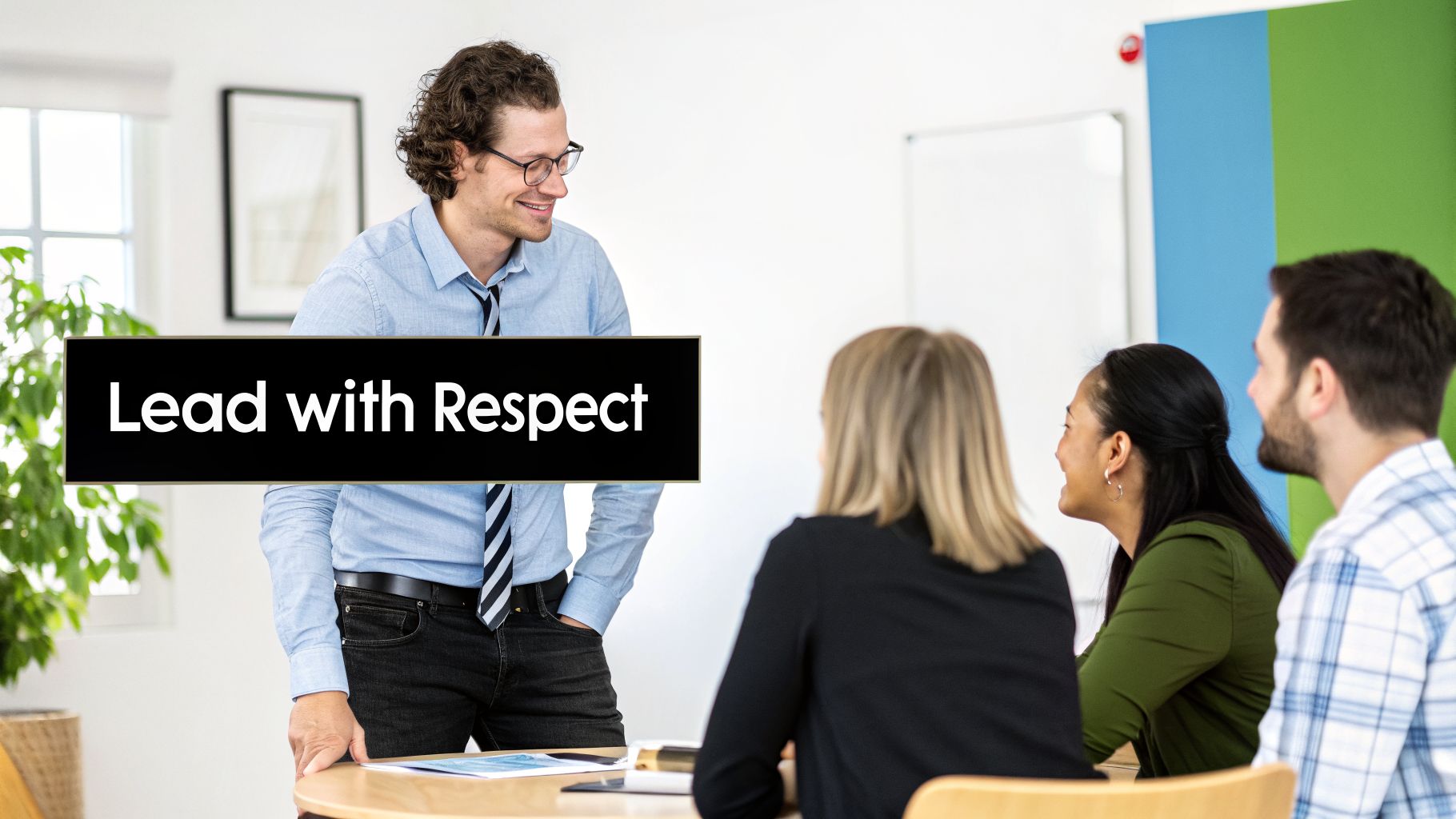 A smiling man in a shirt and tie leading a discussion with a team, text reads 'Lead with Respect'.
