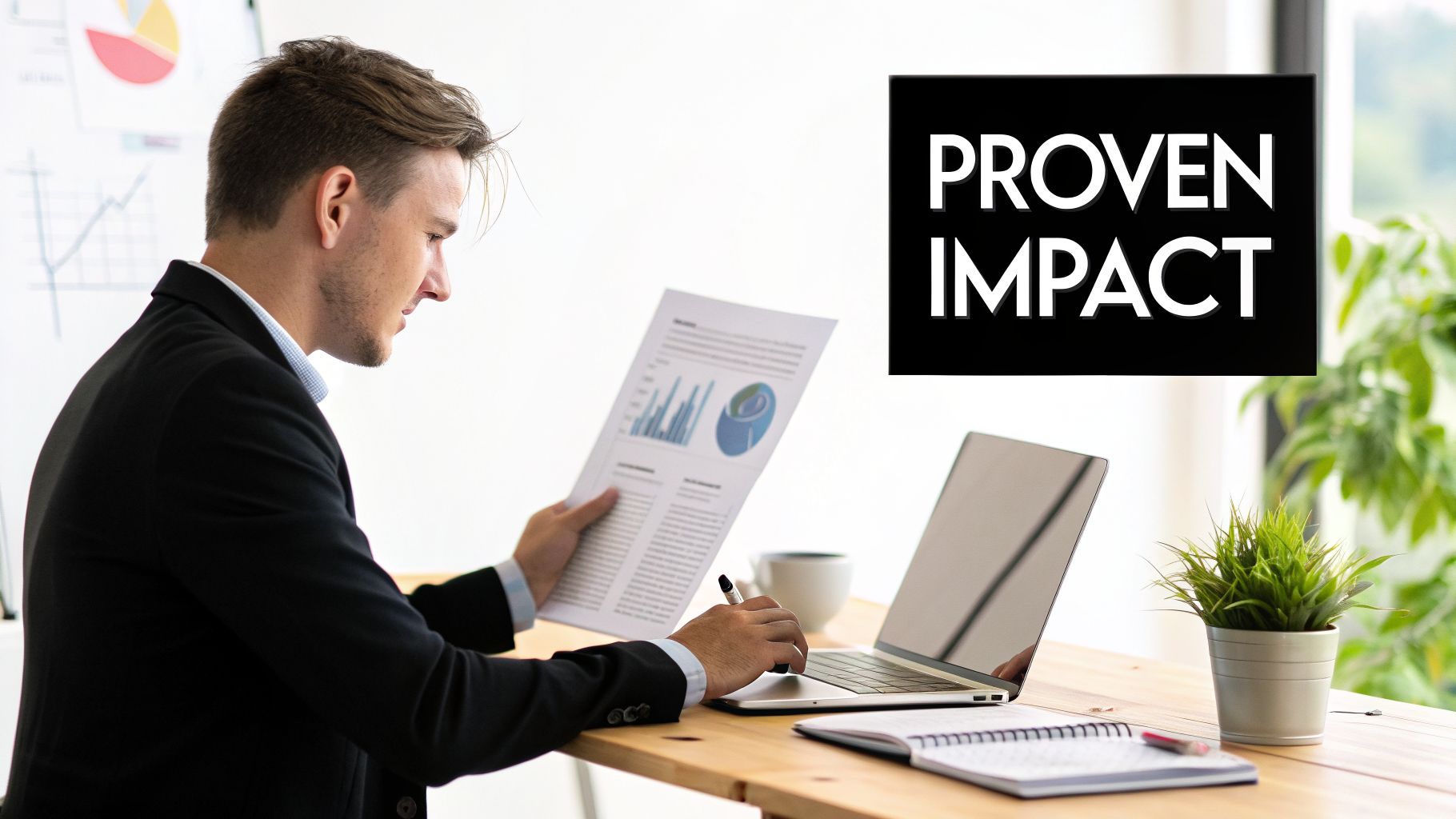 A businessman reviews charts on a document and laptop, with 'PROVEN IMPACT' text.