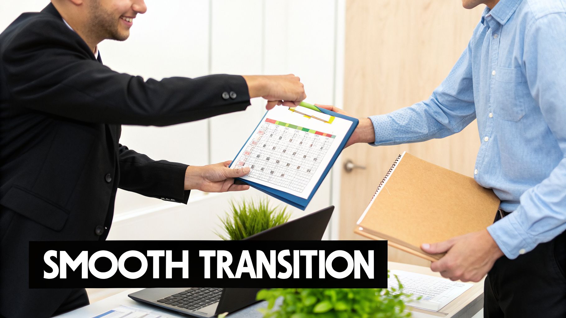 Two professional men exchanging a clipboard with a calendar, symbolizing a smooth business transition.