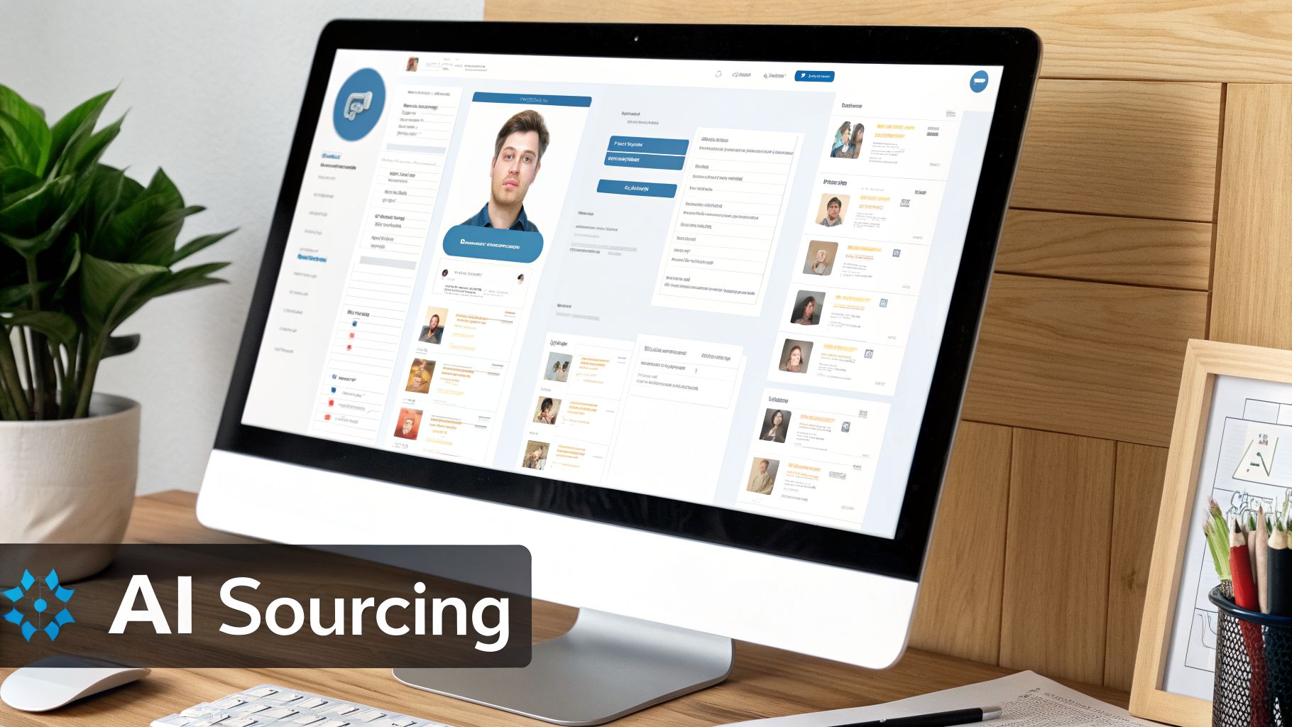 A computer monitor displays an AI sourcing platform interface with candidate profiles on a wooden desk.