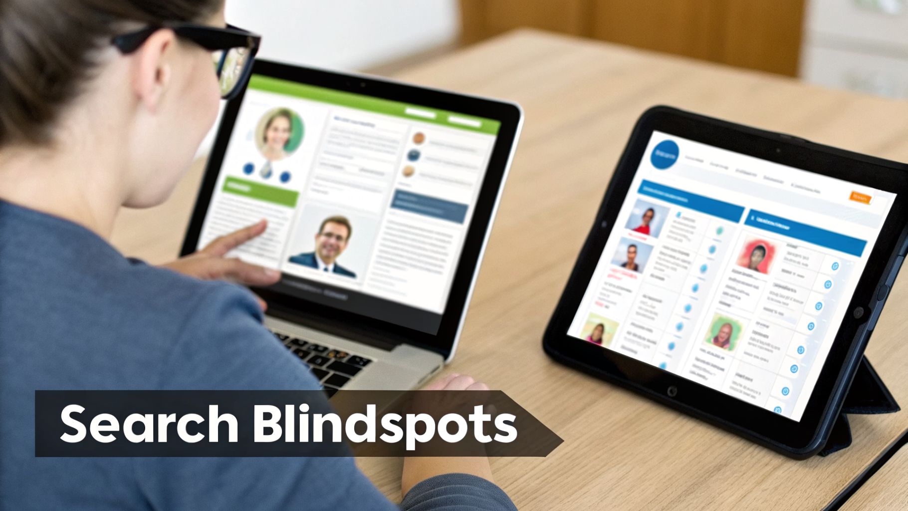 Person using a laptop and tablet to search online profiles, with 'Search Blindspots' text overlay.