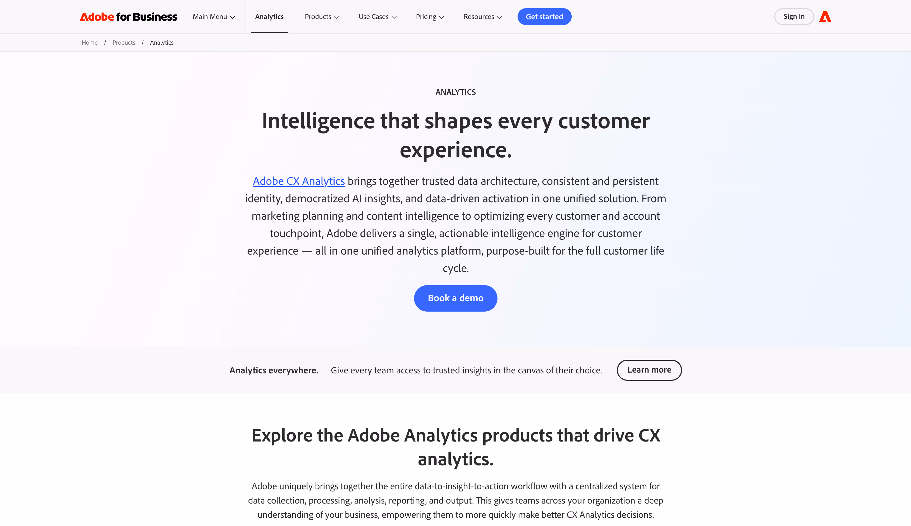 Adobe Analytics website homepage, an enterprise behavioral and customer journey analytics platform for large retailers