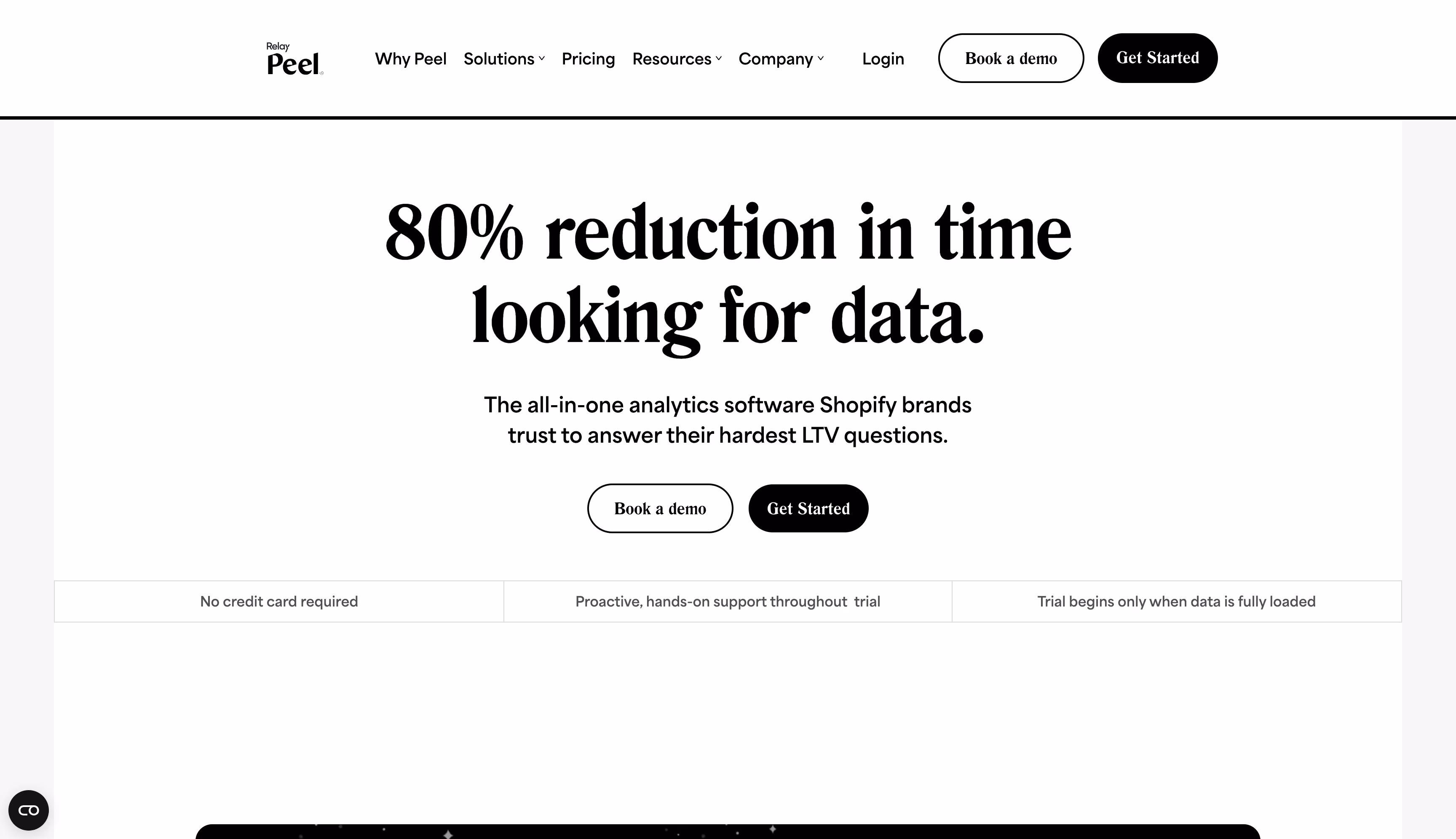 Peel Insights website homepage, a retention analytics platform for Shopify and Amazon DTC brands