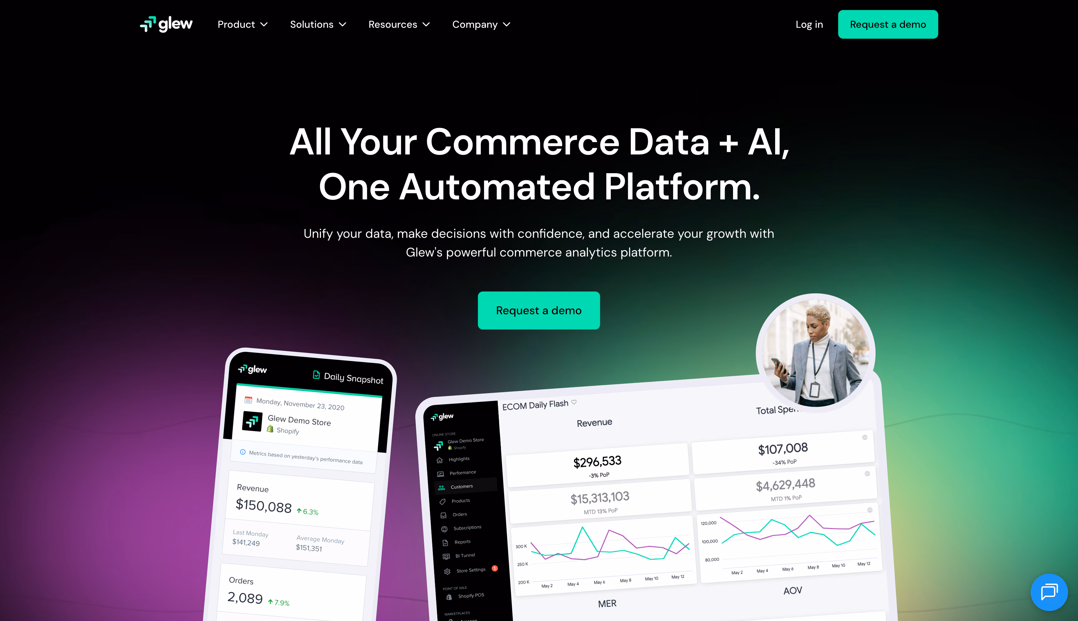 Glew website homepage, a multi-channel e-commerce analytics and marketing attribution platform for online retailers