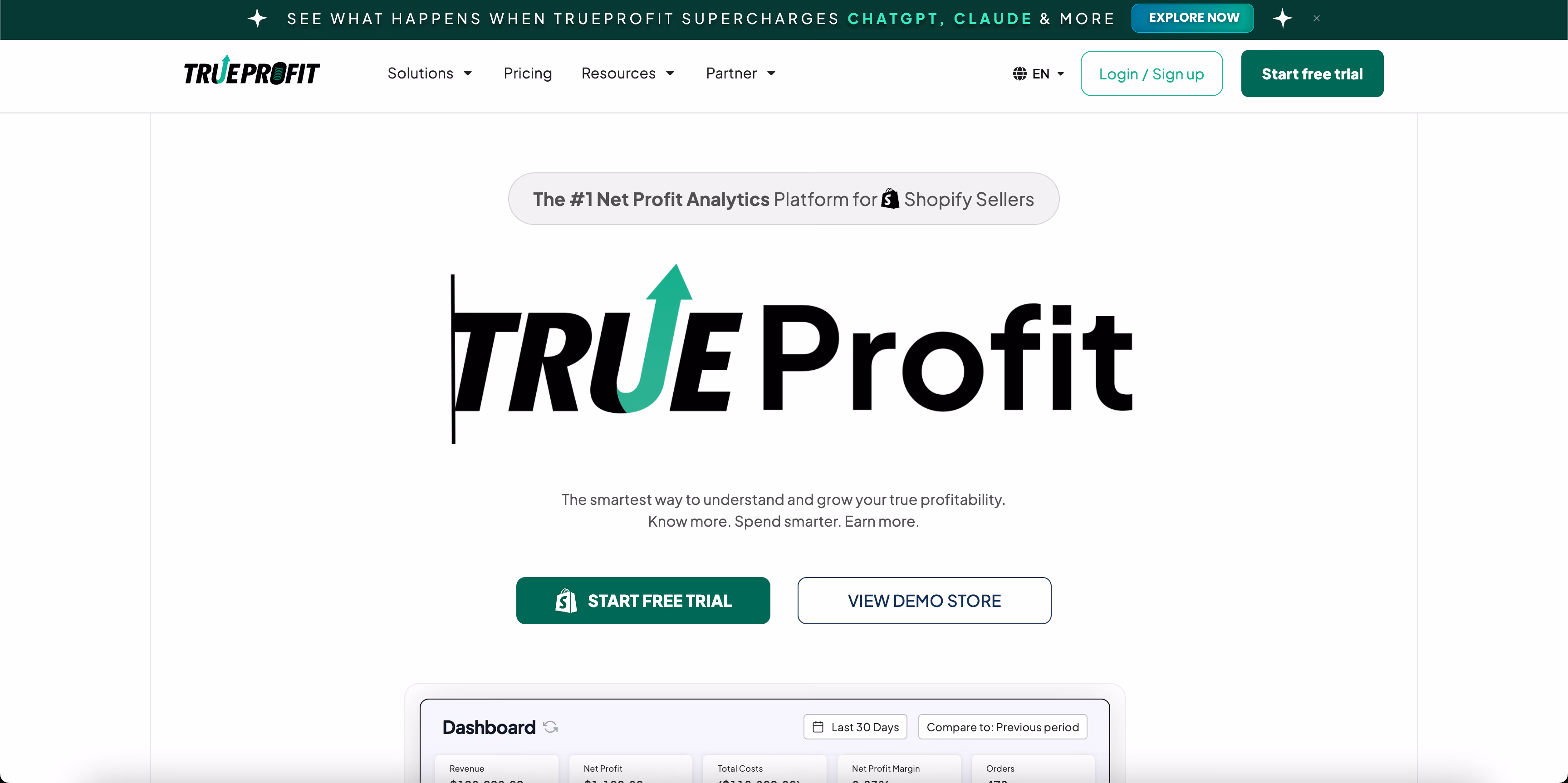 TrueProfit homepage presenting its real-time net profit dashboard for Shopify stores