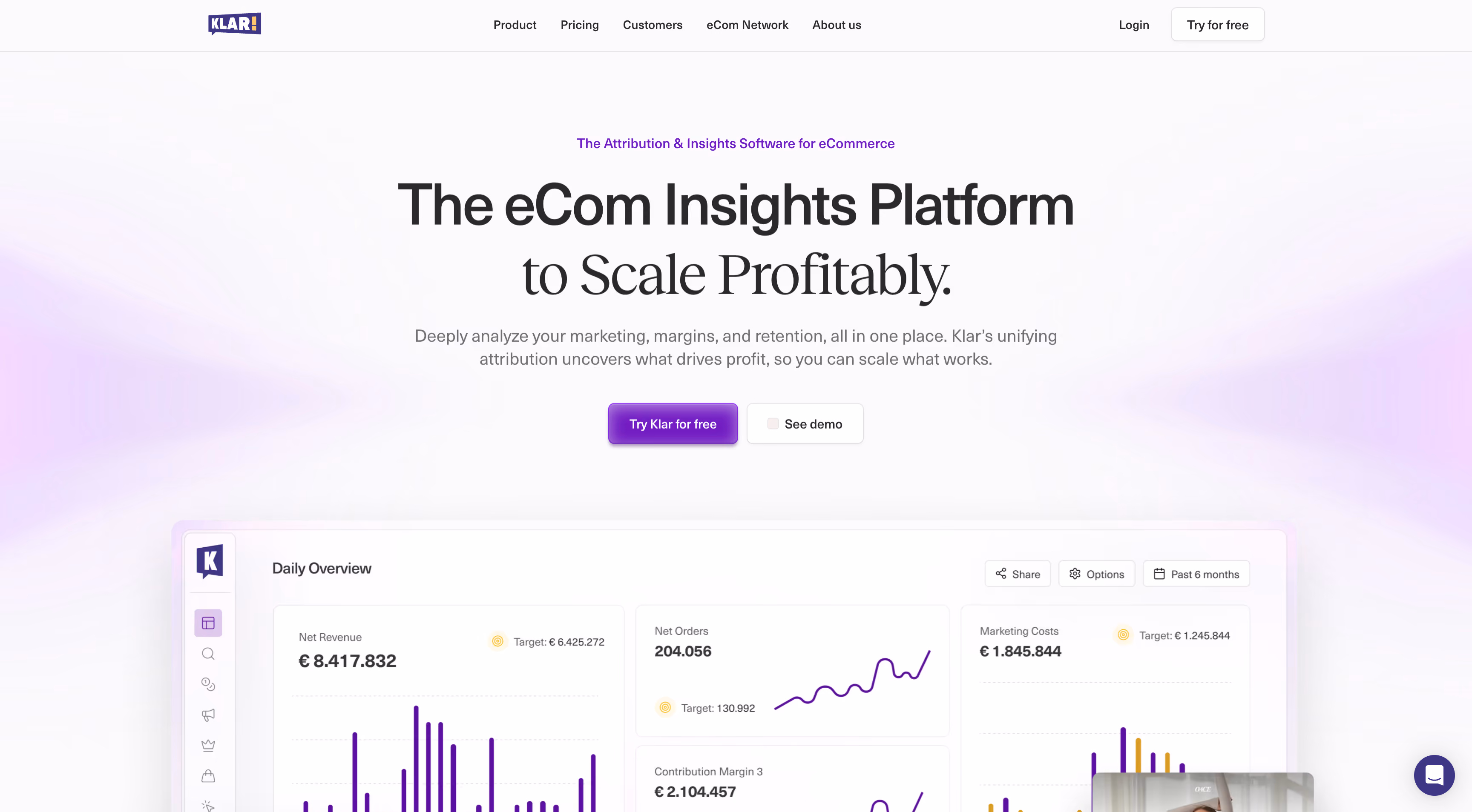 Klar homepage presenting its German-hosted ecommerce BI and attribution platform