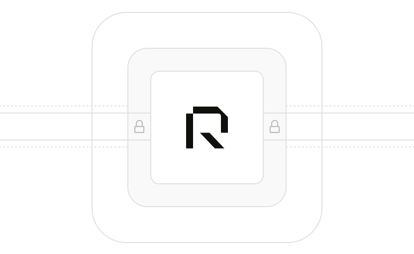 Black stylized letter R icon centered on a white rounded square background with faint gray rounded rectangles behind it.