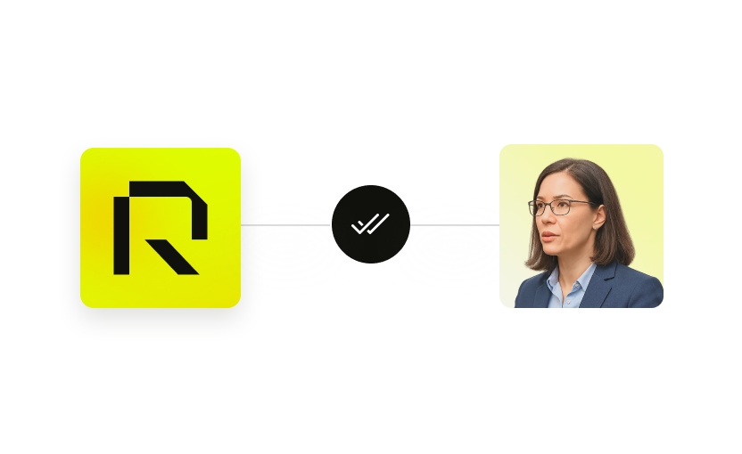 Black logo on a yellow square background connected by a line to a professional woman with glasses and a navy blazer on a light yellow background, with a black circle containing a white double checkmark in the center.