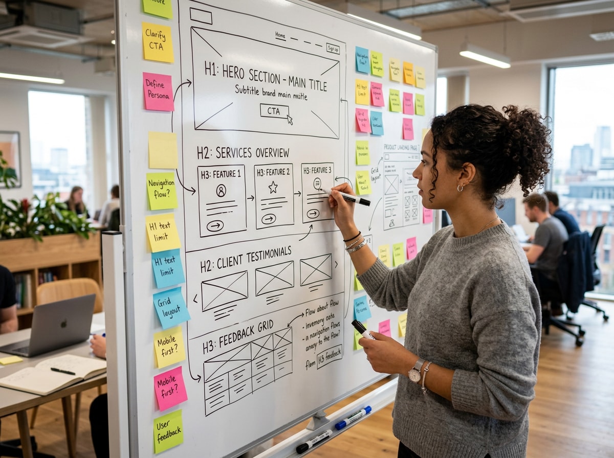A woman stands in front of a whiteboard, writing notes with a marker, focused on her task.